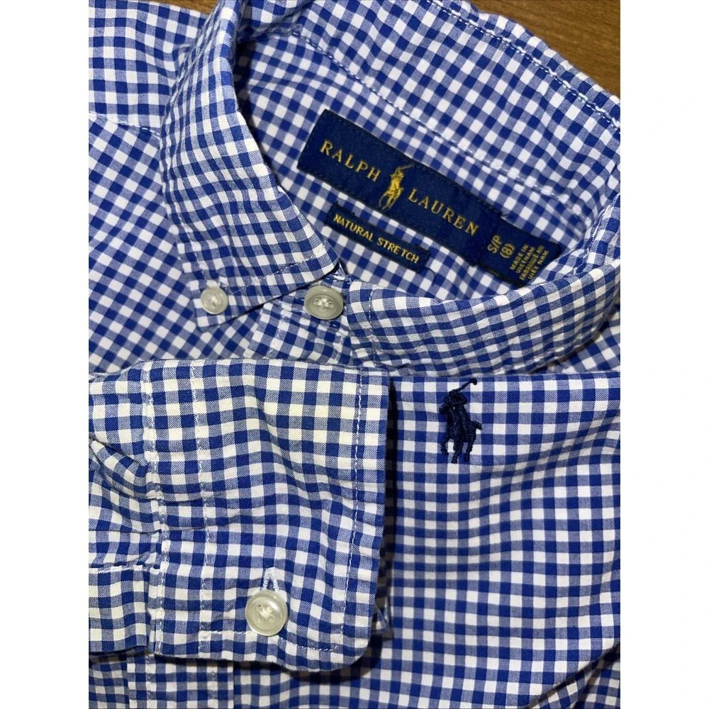 Ralph Lauren Natural‎ Stretch Shirt Boys S/P 8 Blue Gingham Check Button Down